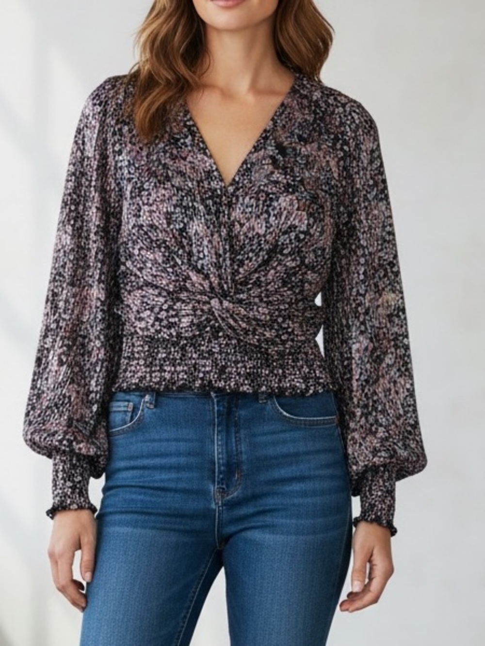 Zara Pink and Black Ruched Crop Long Bell Sleeves Sheer Blouse Sz XL